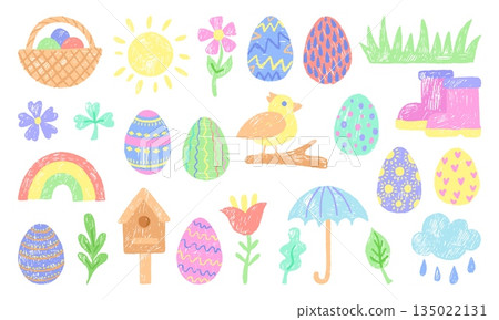 Crayon drawing spring elements. Easter eggs in basket, bird, flowers. Decorative seasonal chalk drawn, children style painting. Neoteric vector collection 135022131