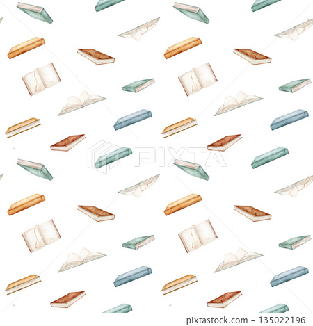 Seamless pattern with watercolor illustration books. Repeat ornament isolated on background. Open and stack of books clipart brown green colors. Vintage old textbooks hand drawn Seamless pattern with watercolor illustration books. Repeat ornament isolated on background. Open and stack of books clipart brown green colors. Vintage old textbooks hand drawn 135022196