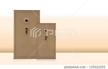 front view gold steel vertical rectangular safes, large and small sizes on brown background, decor, safe, object, electric, fashion, copy space 135022203