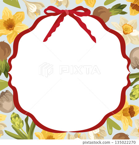 Hand-drawn Easter card with frame and a bow, spring flowers like daffodil and crocus, eggshell and flower bulbs Hand-drawn Easter card with frame and a bow, spring flowers like daffodil and crocus, eggshell and flower bulbs 135022270