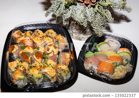 Sushi assortment food on christmas table with decoration 135022337