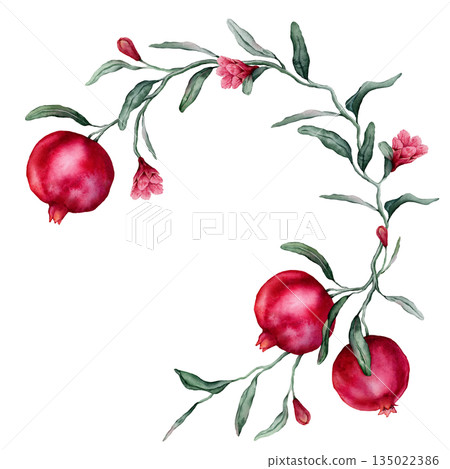 Circle composition with Pomegranate Fruit Branch with flower. Hand drawn watercolor illustration wreath on isolated background. Pink red pomegranate tree with leaves. Sketch of juicy for menu. Circle composition with Pomegranate Fruit Branch with flower. Hand drawn watercolor illustration wreath on isolated background. Pink red pomegranate tree with leaves. Sketch of juicy for menu. 135022386