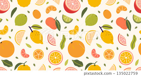 Seamless pattern with citrus fruits and slices. Orange, lemon, lime and grapefruit, bright design for summer and food packaging. Trendy vector illustration on light background, hand drawn, flat Seamless pattern with citrus fruits and slices. Orange, lemon, lime and grapefruit, bright design for summer and food packaging. Trendy vector illustration on light background, hand drawn, flat 135022759
