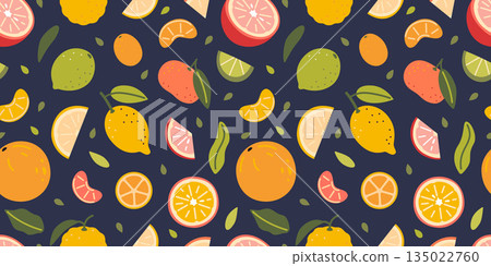 Seamless pattern with citrus fruits and slices. Orange, lemon, lime and grapefruit, bright design for summer and food packaging. Trendy vector illustration on dark background, hand drawn, flat Seamless pattern with citrus fruits and slices. Orange, lemon, lime and grapefruit, bright design for summer and food packaging. Trendy vector illustration on dark background, hand drawn, flat 135022760