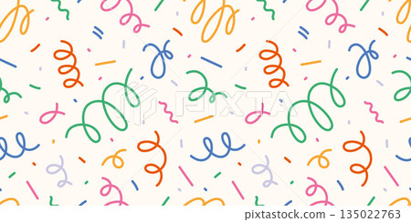 Seamless pattern with colorful confetti, streamers and decorative shapes. Festive abstract design for celebrations and events. Trendy vector illustration on light background, hand drawn, flat 135022763