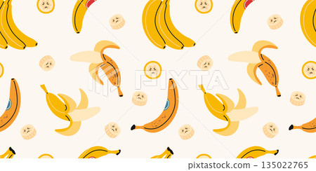 Seamless pattern with bananas and banana slices. Tropical fruit design for food and packaging use. Trendy vector illustration on light background, hand drawn, flat 135022765