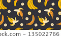 Seamless pattern with bananas and banana slices. Tropical fruit design for food and packaging use. Trendy vector illustration on dark background, hand drawn, flat 135022766