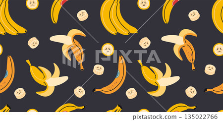 Seamless pattern with bananas and banana slices. Tropical fruit design for food and packaging use. Trendy vector illustration on dark background, hand drawn, flat 135022766