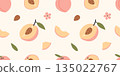 Seamless pattern with peaches, peach slices, leaves and flowers. Soft summer fruit design. Trendy vector illustration on light background, hand drawn, flat 135022767