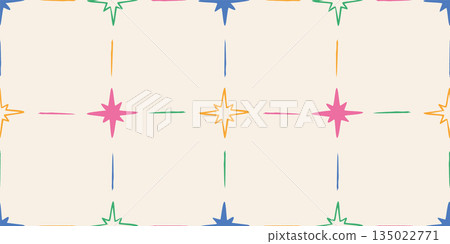 Seamless geometric pattern with colorful star shapes, abstract check or tile. Trendy vector illustration on light background, hand drawn Seamless geometric pattern with colorful star shapes, abstract check or tile. Trendy vector illustration on light background, hand drawn 135022771