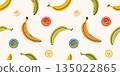 Seamless pattern with bananas of varying degrees of ripeness and colors, yellow and green. Tropical fruit design. Trendy vector illustration on light background, hand drawn, flat 135022865