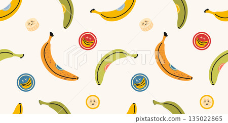 Seamless pattern with bananas of varying degrees of ripeness and colors, yellow and green. Tropical fruit design. Trendy vector illustration on light background, hand drawn, flat 135022865