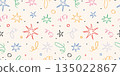 Seamless pattern with colorful doodle stars, confetti and abstract lines. Playful hand drawn designs for celebration events. Trendy vector illustration on light background, sketch style 135022867