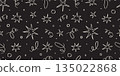 Seamless pattern with doodle stars, confetti and abstract lines. Playful hand drawn designs for celebration events. Trendy vector illustration on black background, sketch style 135022868
