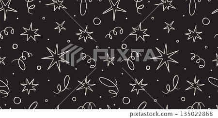 Seamless pattern with doodle stars, confetti and abstract lines. Playful hand drawn designs for celebration events. Trendy vector illustration on black background, sketch style Seamless pattern with doodle stars, confetti and abstract lines. Playful hand drawn designs for celebration events. Trendy vector illustration on black background, sketch style 135022868