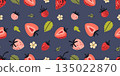 Seamless pattern with ripe strawberries, leaves and small flowers. Fresh summer fruit art. Trendy modern vector illustration on blue background, hand drawn, flat design 135022870