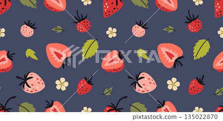Seamless pattern with ripe strawberries, leaves and small flowers. Fresh summer fruit art. Trendy modern vector illustration on blue background, hand drawn, flat design Seamless pattern with ripe strawberries, leaves and small flowers. Fresh summer fruit art. Trendy modern vector illustration on blue background, hand drawn, flat design 135022870