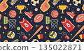 Seamless pattern with team sports gear, balls, uniforms and trophies. Trendy modern vector illustration a dark background, hand drawn, flat design. 135022871