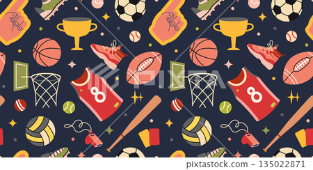 Seamless pattern with team sports gear, balls, uniforms and trophies. Trendy modern vector illustration a dark background, hand drawn, flat design. Seamless pattern with team sports gear, balls, uniforms and trophies. Trendy modern vector illustration a dark background, hand drawn, flat design. 135022871