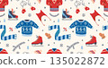 Seamless pattern with ice skating equipment and clothing for winter sport, leisure and outdoor recreation. Trendy vector illustration on a light background, hand drawn, flat design 135022872