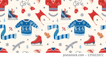 Seamless pattern with ice skating equipment and clothing for winter sport, leisure and outdoor recreation. Trendy vector illustration on a light background, hand drawn, flat design 135022872