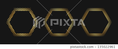 Set of golden hexagon frames with halftone borders. Gold geometric shapes with dotted, confetti or grainy texture isolated on black background. Luxury design elements. Vector illustration Set of golden hexagon frames with halftone borders. Gold geometric shapes with dotted, confetti or grainy texture isolated on black background. Luxury design elements. Vector illustration 135022961