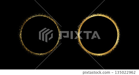 Set of round frames with golden powder texture. Gold circular shapes with glitter, stipple or mezzotint effect borders isolated on black background. Sun eclipse silhouettes. Vector illustration 135022962
