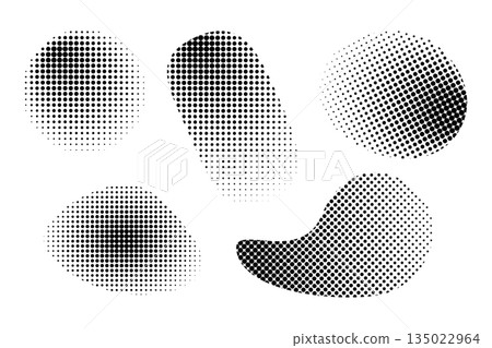 Set of shapes with gradient halftone effect isolated on white background. Design elements with grain, noise, mosaic or pixel texture. Organic forms with polka dot pattern. Vector graphic illustration 135022964