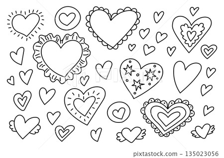 Hand drawn heart shapes doodle outline illustration set 135023056