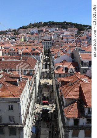 High Angle View of Rua Augusta Pedestrian Street and St. George's Castle in Lisbon 135023068