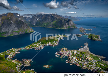 Spectacular Viewing Point Reinebringen Over Coastal Landscape At Reine And Hamnoy On Lofoten Islands In Norway Spectacular Viewing Point Reinebringen Over Coastal Landscape At Reine And Hamnoy On Lofoten Islands In Norway 135023165