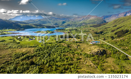 Aerial View Of Coastal Landscape Near Leknes And Mortsunt On Lofoten Islands In Norway Aerial View Of Coastal Landscape Near Leknes And Mortsunt On Lofoten Islands In Norway 135023174