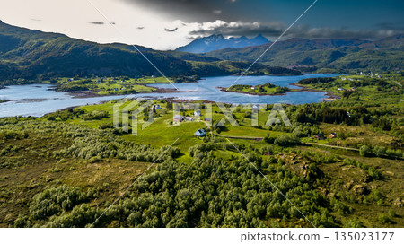 Aerial View Of Coastal Landscape Near Leknes And Mortsunt On Lofoten Islands In Norway Aerial View Of Coastal Landscape Near Leknes And Mortsunt On Lofoten Islands In Norway 135023177