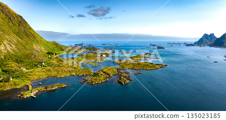 Aerial View Of Coastal Landscape Near Leknes And Mortsunt On Lofoten Islands In Norway Aerial View Of Coastal Landscape Near Leknes And Mortsunt On Lofoten Islands In Norway 135023185