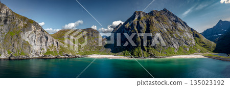 Kvalvika Sand Beach With Mountains And Ocean On Lofoten Islands In Norway 135023192