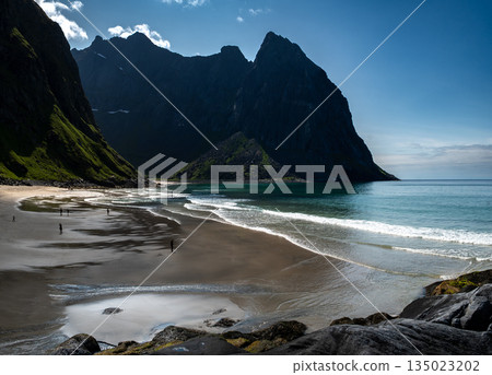 Kvalvika Sand Beach With Mountains And Ocean On Lofoten Islands In Norway 135023202