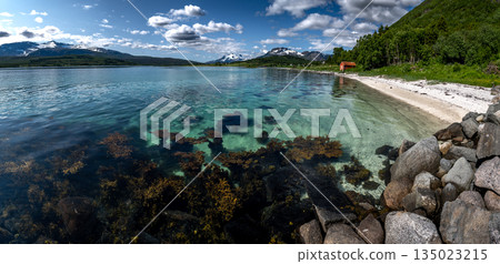 White Sand Beach And Snowy Mountains At The Fjord Cost Of Lofoten Islands In Norway White Sand Beach And Snowy Mountains At The Fjord Cost Of Lofoten Islands In Norway 135023215