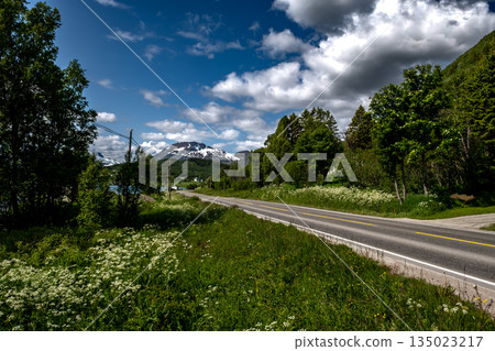 Abandoned Road And Snowy Mountains At The Fjord Cost Of Lofoten Islands In Norway 135023217