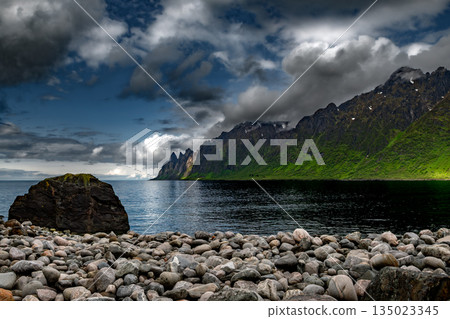 Calm Misty Fjord, Snowy Mountains And Mossy Boulders At The Coast Of Senja Island In Norway 135023345