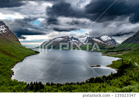 View Over Fjord With Cottages From Bergsbotn Viewing Platform On Senja Island In Norway 135023347
