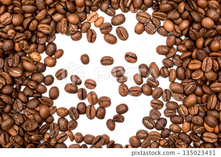 A collection of coffee beans on a white background. 135023431