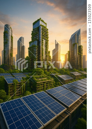 Smart City Solar Panels Tower At Sunset 191025 135023509