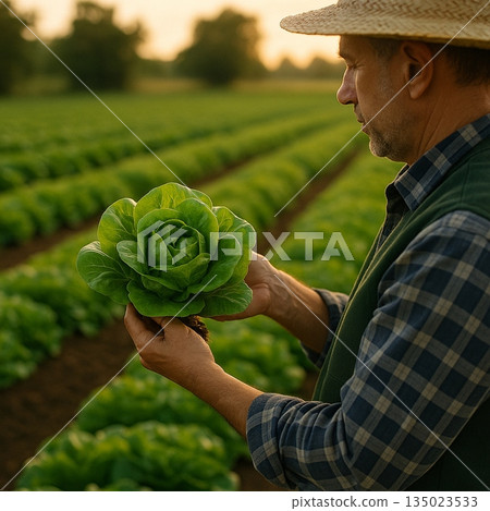 Farmer Holding Lettuce In Field 191025 135023533