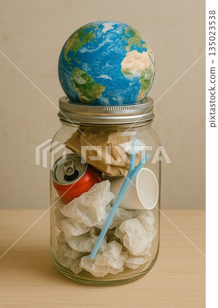 Globe In Jar With Plastic Waste 191025 Globe In Jar With Plastic Waste 191025 135023538