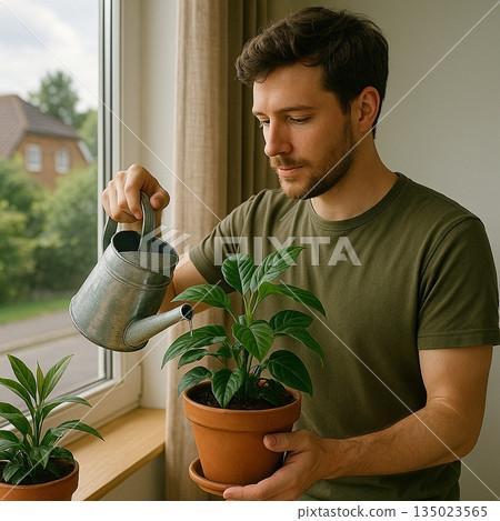 Man Watering Potted Plant Indoor 191025 135023565