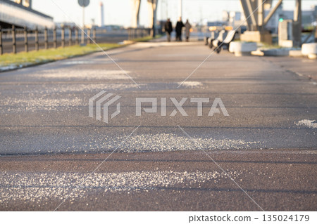 Deicing chemicals on asphalt in winter. Salt grains on icy sidewalk paving slab with technical salt Deicing chemicals on asphalt in winter. Salt grains on icy sidewalk paving slab with technical salt 135024179