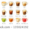Watercolor coffee and tea drinks icon set, traced vector. Beverages in cups and glasses, colorful cliparts. Cortado, affogato, red eye, breve, viennese coffee, cold brew, green tea, black tea, etc. 135024192