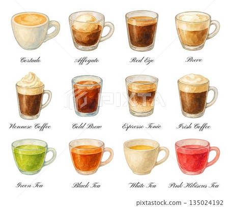 Watercolor coffee and tea drinks icon set, traced vector. Beverages in cups and glasses, colorful cliparts. Cortado, affogato, red eye, breve, viennese coffee, cold brew, green tea, black tea, etc. Watercolor coffee and tea drinks icon set, traced vector. Beverages in cups and glasses, colorful cliparts. Cortado, affogato, red eye, breve, viennese coffee, cold brew, green tea, black tea, etc. 135024192