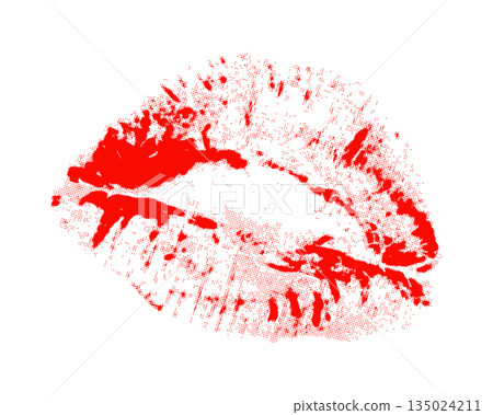 Red lipstick imprint halftone element for collage and scrapbook. Female lips, kiss mark with grunge dotted texture. Love and Valentine's Day, modern retro vector illustration on transparent background Red lipstick imprint halftone element for collage and scrapbook. Female lips, kiss mark with grunge dotted texture. Love and Valentine's Day, modern retro vector illustration on transparent background 135024211