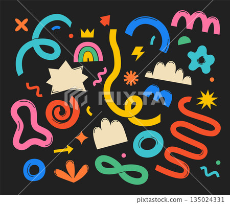 Fun hand drawn doodle shapes and squiggles in childish style. Brush colorful drawings isolated on black, collage elements. Playful cartoon design for packaging design, wallpaper and print. Vector 135024331